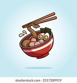 Delicious flying ramen noodle with beef and boiled egg. Japanese asian noodle with chopstick. Food vector cartoon illustration