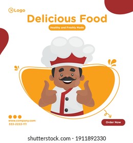 Delicious food banner design. chef is showing thumbs up sign with both hands. Vector graphic illustration.