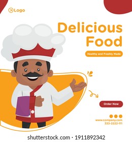 Delicious food banner design. Chef is holding cloth in hand ready for the service. Vector graphic illustration.