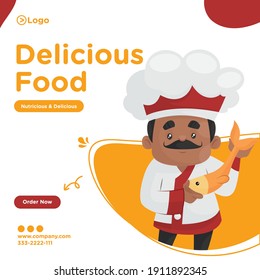 Delicious food banner design. Chef is holding fish in hand. Vector graphic illustration.