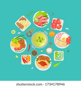 Delicious Food Banner Template with Fresh Tasty Meal Dishes of Round Shape Frame Vector Illustration