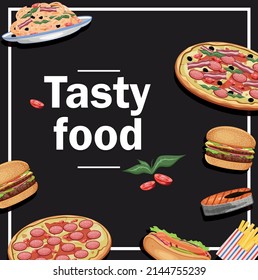 Delicious food banner. Vector stock illustration. Burger, pizza, salmon, french fries, hot dog, spaghetti. Black background. Cartoon