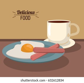 delicious food breakfast with fries egg sausages and coffee cup