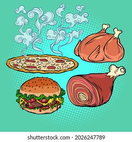 Delicious food burger pizza meat knuckle fried poultry