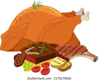 Delicious food with chicken and beef steak illustration