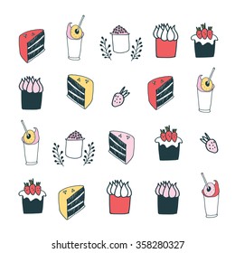 Delicious food desserts set cake muffin cupcake strawberry milkshake drinks