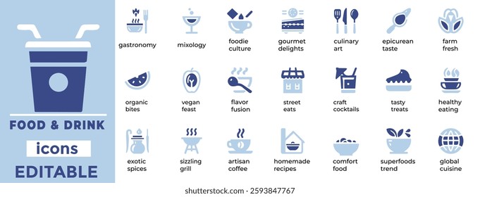 Delicious food and drink vector setperfect for menus, branding and packaging. High quality, editable