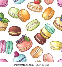 Delicious food of france. Colored macaroons set. Vector seamless pattern. Food macaroon cake, sweet french dessert illustration