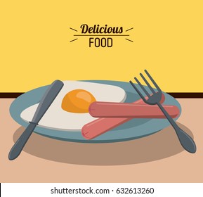 delicious food fried egg sausage and fork knife dish