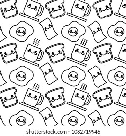 delicious food with hot coffee pattern kawaii character