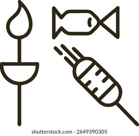 Delicious Food Icons Set: Flame, Candy, and Kebab on Sticks for Restaurant Menu Design