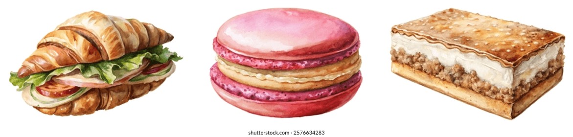 Delicious food illustrations, watercolor style, croissant sandwich, pink macaron, dessert slice, culinary art.