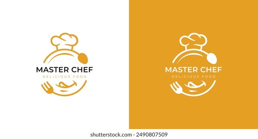 delicious food logo design with fork and spoon graphic for master chef restaurant, catering logo template