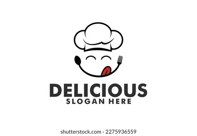 Delicious Food logo design template vector, Cafe or restaurant emblem, chef with smiling lips formed from spoon and fork