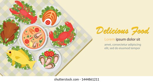 Delicious food lunch menu with chicken salad and seafood, top view of foods, vector illustration.
