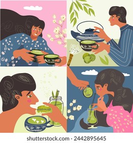 Delicious food matcha vector flat illustrations set. Collection of healthy delicious and drink hands of people enjoying latte drink and dessert, tea ceremony.