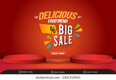 delicious food menu big sale with landscape social media post tempate banner with copy space 3d podium for food sale with abstract gradient red background design