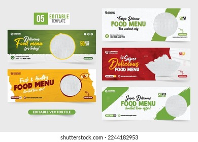 Deliciosa colección de banners promocionales de menú de comida en la web para cobertura de medios sociales. Plantilla de banner de menú especial con formas abstractas y efectos de pincel. Juego de plantillas de afiches promocionales de comida.