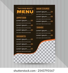 Plantilla de folleto de bifold de restaurante de menú de comida deliciosa. Servicios especiales y destacados de diseño de tarjetas de menú para restaurante y cafetería.