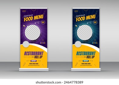 Delicious food menu roll-up banner design template for restaurant in purple and blue color bundle, modern and special fast food menu design pull-up banner for business promotion set