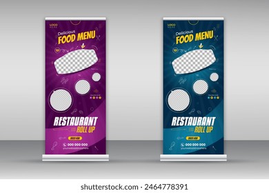 Köstliche Speisekarte Roll-up Banner Design Vorlage für Restaurant in lila und blau Farbe Paket, moderne und besondere Fast Food Menü Design Pull-up Banner für Geschäftsförderung Set