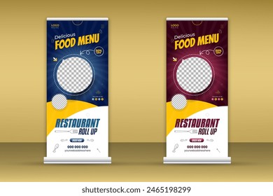 Köstliche Speisekarte Roll-up Banner Design Vorlage für Restaurant in Blau und Rot Farbe Paket, moderne und besondere Fast Food Menü Design Pull-up Banner für Geschäftsförderung Set