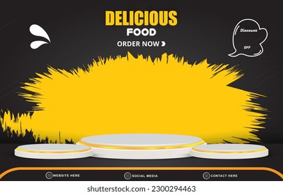 delicious food menu sale discount landscape social media post tempate banner with copy space 3d podium for food sale with abstract gradient black and yellow background design