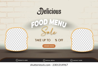 delicious food menu sale discount with landscape social media post tempate banner with copy space 3d podium for food sale with abstract gradient brown and white background design