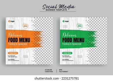 Delicious Food menu social media post banner template and Instagram square banner with brush stroke background