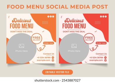 Delicioso menú de comida diseño de Plantilla de redes sociales. Promoción especial de alimentos y bebidas Anuncio de Web para restaurantes. Plantilla de restaurante de menú de comida creativa para marketing en línea con marcador de posición de fotos.