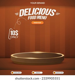 delicious food menu square banner for social media post with copy space 3d podium for food sale with abstract gradient brown background design