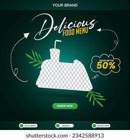 delicious food menu square banner for social media post with copy space frame for food sale with abstract gradient black and green background design