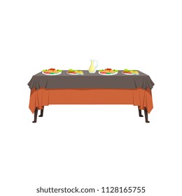 Delicious Food On Restaurant Table, Banquet Table With Food, Vector Illustration On A White Background