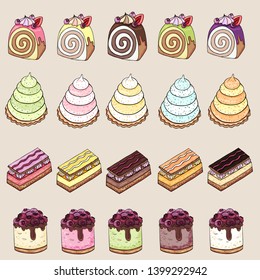 
Delicious food pack. Sweets set isolated. Many types cakes collection.Colorful tasty icons set. Closeup.