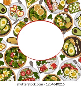 Delicious food in the plates. hearty breakfast for a big company.