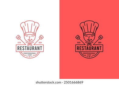 delicious food with professional chef logo badge line style design for restaurant, cafes and catering vector logo template