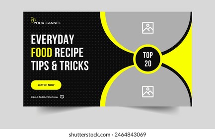 Delicious food recipe techniques video cover banner design, tasty food menu review tips and tricks video thumbnail banner design, editable vector eps 10 file format