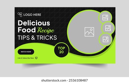 Deliciosas técnicas de receita de alimentos vídeo capa banner design de modelo, restaurante dicas de receita de alimentos e truques vídeo miniatura banner design, vetor totalmente editável eps 10 formato de arquivo