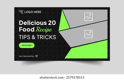 Delicious food recipe techniques video thumbnail banner design, daily food review video cover banner design, editable vector eps 10 file format