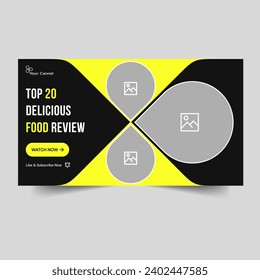 Delicious food review tips and tricks video thumbnail design, food recipe banner design, cook food cover banner, fully editable vector eps 10 file format