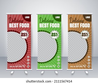 Delicious food roll up design templates. vertical display standee roll up and x-banner set. restaurant menu templates