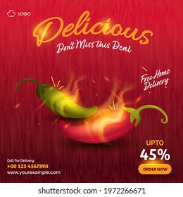 Delicious Food Social Media Post With 45% Discount Offer And Burn Chilli On Red Wooden Texture Background.