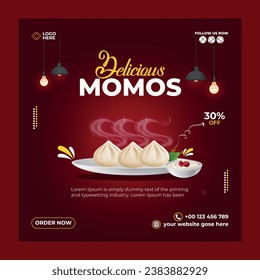 Delicious food social media template. Momo social media post. 