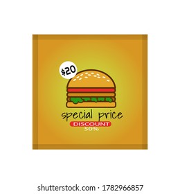 Delicious food special price banner design, Social media post template design, Instagram food post template design, Delicious Burger for Social Media Post Template, Food Discount 50% Social Media Post