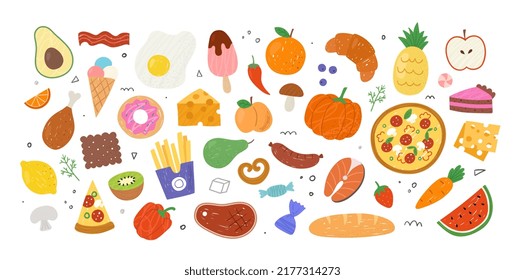 Delicious Food sticker set. Icons with vegetable, fruit, dessert and fast food. Apple and orange, pumpkin and carrot, ice cream and cake, pizza and French fries. Cartoon hand drawn vector collection