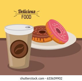 delicious food sweet donuts with paper coffee cup