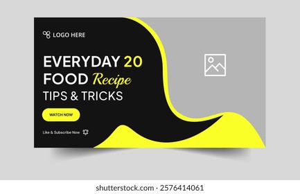 Delicious food tips and techniques video thumbnail banner design, daily food review tricks video cover banner design, editable vector eps 10 file format