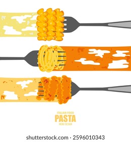 Delicious food vector illustration set. Italian food menu style with focus on different pasta. Pasta fork, fusilli pasta, spaghetti, rigatoni pasta with sauce for food design, poster and background.
