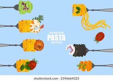 Delicious food vector illustration set. Italian food menu with different pasta styles. Pasta fork element. Delicious pasta in different forms and suitable for use in the Italian restaurant menu.