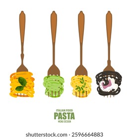 Delicious food vector illustration set. Italian food menu with different pasta styles. Pasta fork element. Delicious pasta in different forms and suitable for use in the Italian restaurant menu.
